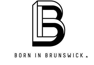 Black letter 'B' with 'Born in Brunswick' text on a white background