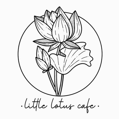Black and white illustration of a lotus flower with 'little lotus cafe' text below.